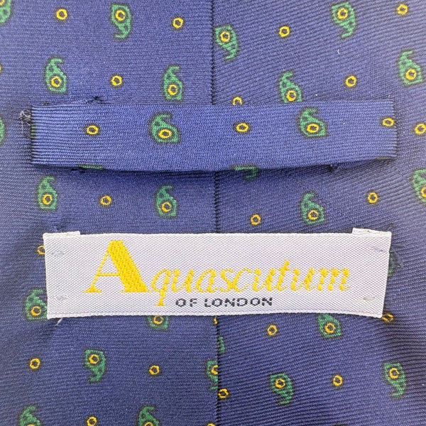 Aquascutum Mens Blue Silk Tie Green Paisley Pattern Lightweight Elegant Design