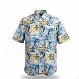 Fishing Life Mens Blue Hawaiian Fishing Shirt Short-Sleeve Casual Sz L