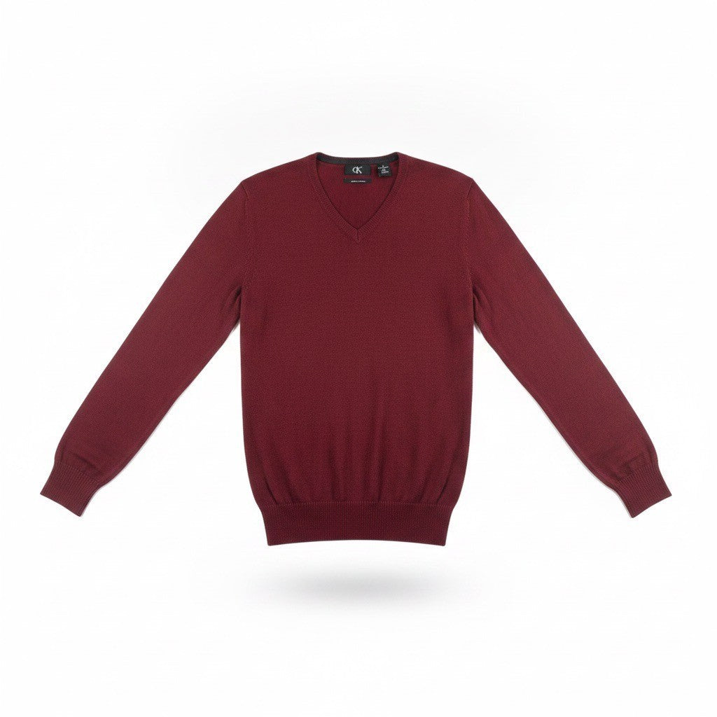 Calvin Klein Mens Red Merino Wool V-Neck Sweater Classic Fit Lightweight Size M