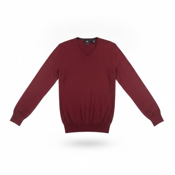 Calvin Klein Mens Red Merino Wool V-Neck Sweater Classic Fit Lightweight Size M