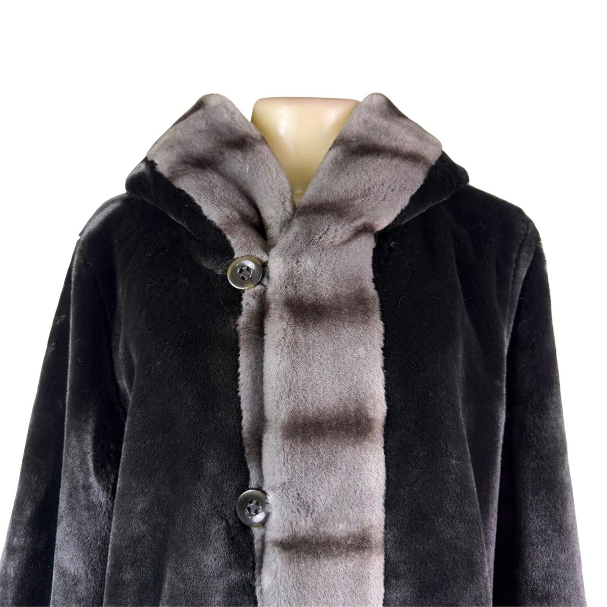 Dennis Basso Womens Black Faux Fur Hooded Coat Stylish Warm Outerwear Sz L