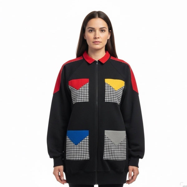 Vintage Hanes Unisex Black Multi-Color Patch Houndstooth Zip-Up Sweatshirt Sz XL