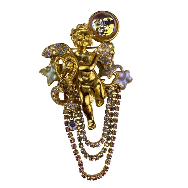 Kirks Folly Womens Gold Tone Aurora Borealis Crystal Cherub Brooch Vintage