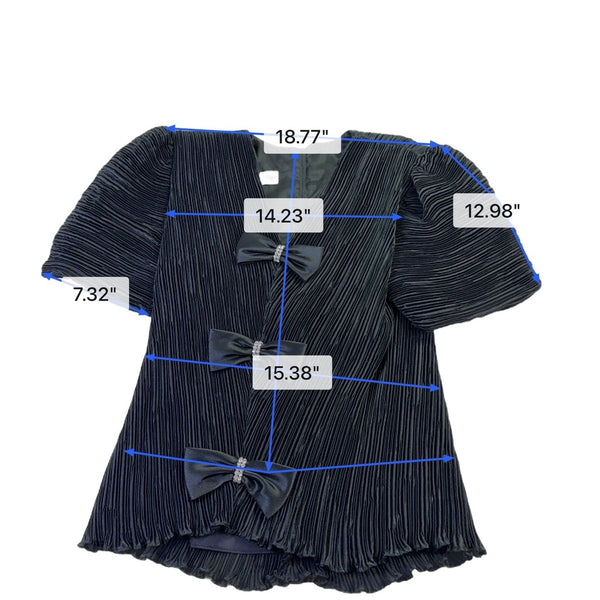 Katherine Lindsay Womens Black Pleated Satin Bow-Detailed Puff Sleeve Top 