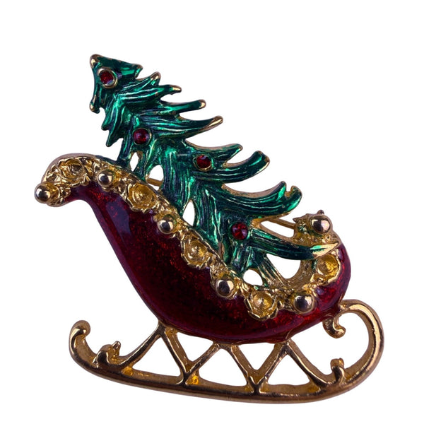 Vintage Brooch Gold Tone Multi-Color Enamel Metal Christmas Sleigh With Tree