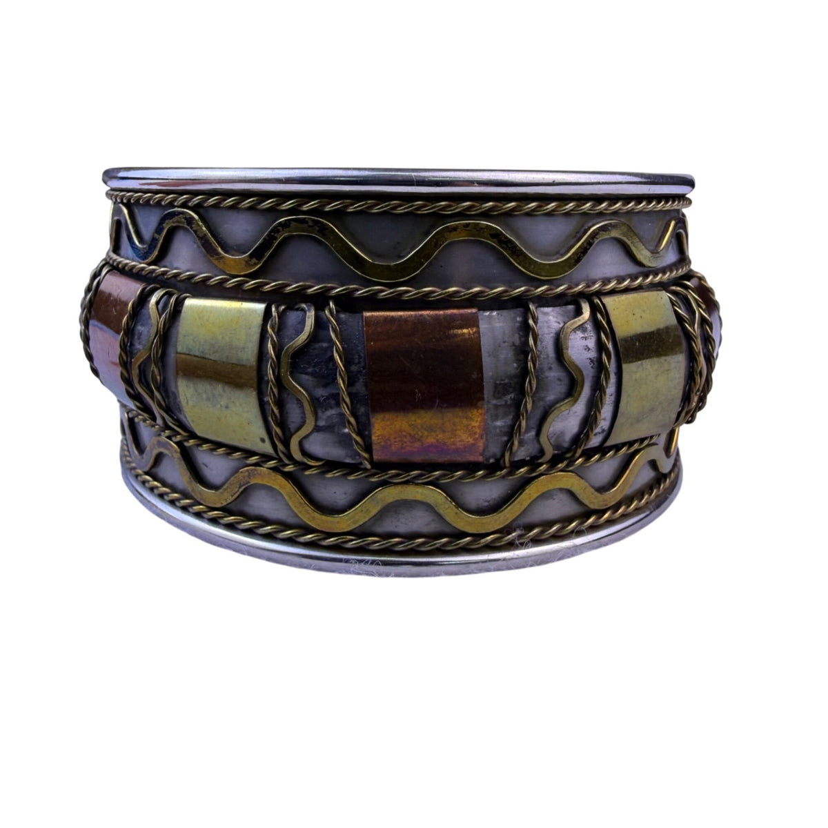 Vintage MCM Women Multi-Tone Metal Statement Cuff Bracelet Bold Mid-Century