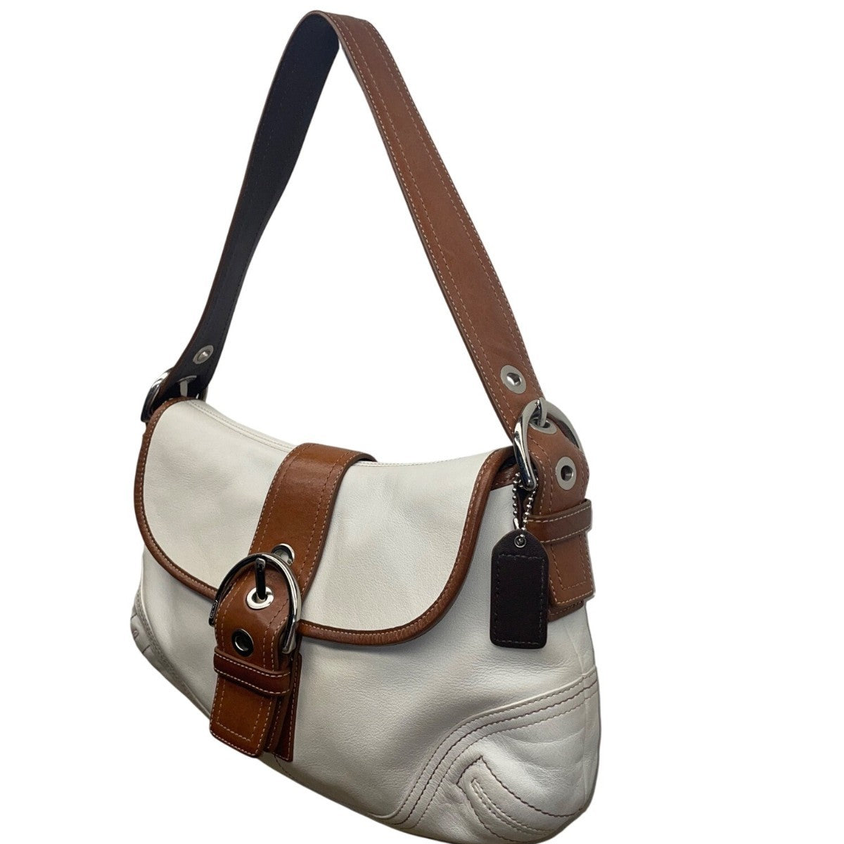 Coach Women’s White & Brown Leather Buckle Flap Detail Shoulder Bag