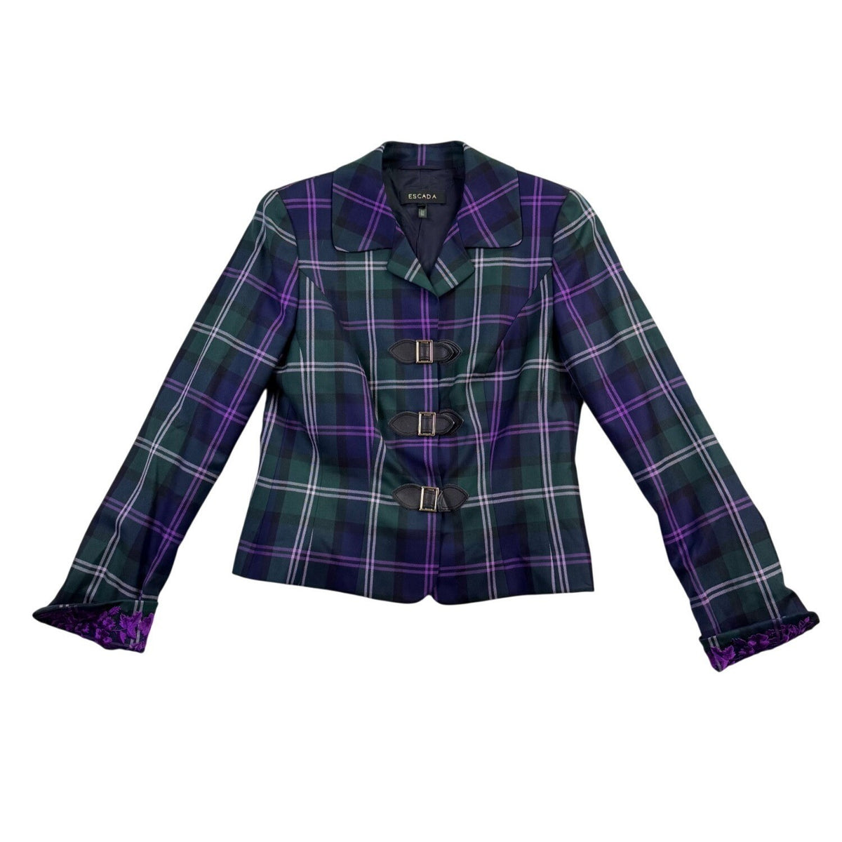 Escada Womens Green & Purple Plaid Wool Blazer Jacket With Buckle Closures Size