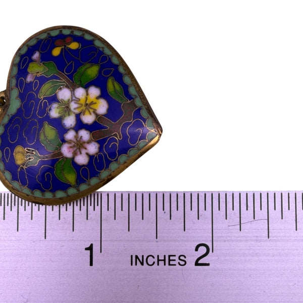 Vintage Cloisonné Enamel Heart Pendant Floral Motif Blue/Green Handmade 