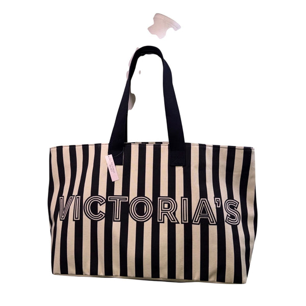 Victorias Secret Women’s Black & Cream Canvas Striped Signature Logo Tote Bag