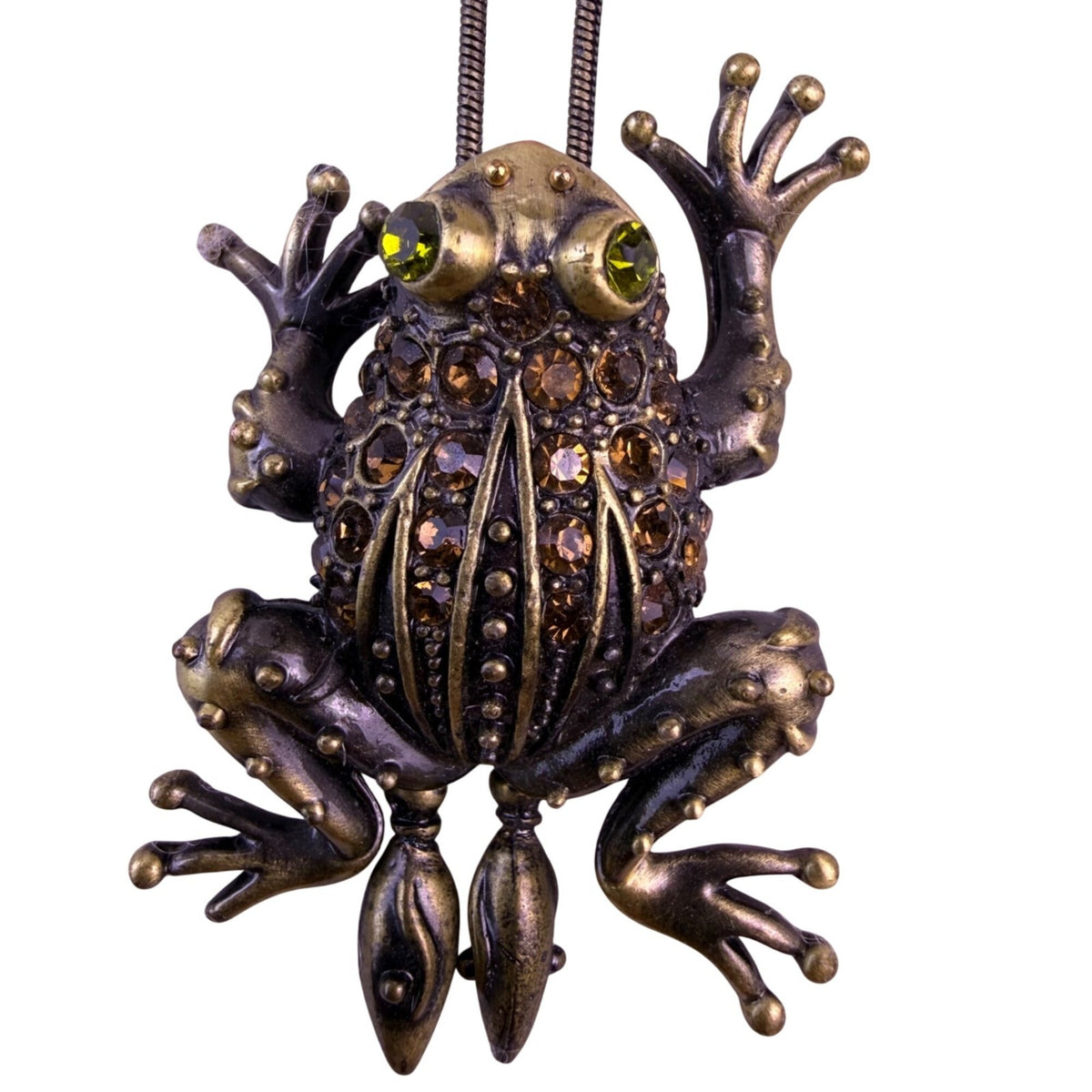 Rhinestone-Accented Frog Pendant Necklace Snake Chain Bronze Tone Enamel