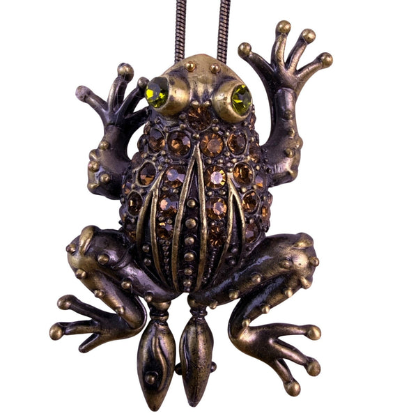 Rhinestone-Accented Frog Pendant Necklace Snake Chain Bronze Tone Enamel