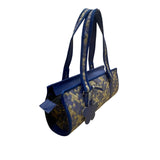 Woven Tote Bag Blue & Beige Checkered Pattern Flower Charm Detailing Handles