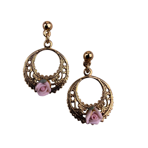 Gold Tone Womens Pink Synthetic Pearl Floral Necklace & Earring Set Lightweight