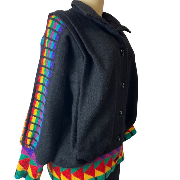 Vintage Ragamuffin Black Multicolored Button Down Wool Cardigan Sweater Sz M/L