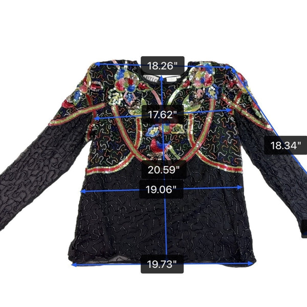 Swee Lo Womens Black Silk Beaded & Sequin Shirt Floral Design Size L