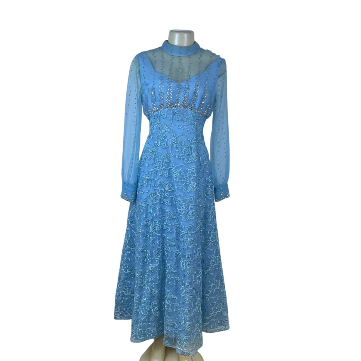 Vintage Womens Blue Embellished Sheer Long-Sleeve Gown With Beaded Overlay