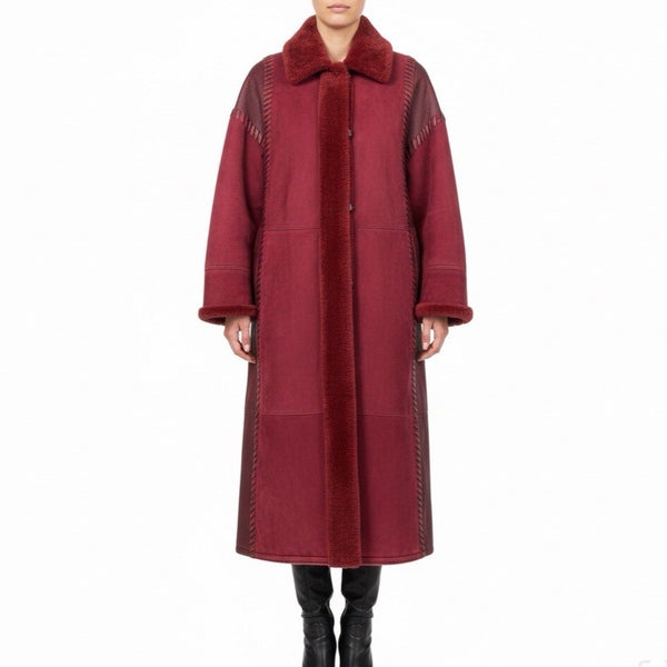 Oscar De La Renta Womens Red Shearling & Leather Long Coat Button Detail Size 8