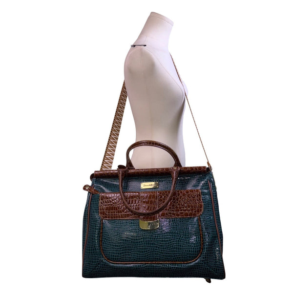 Samantha Brown Women’s Teal & Brown Croc Embossed Lining Dual Handles Travel Bag