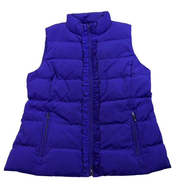 Talbots Womens Purple Puffer Vest Lightweight With Ruffle Zip Front Size L