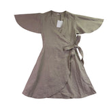 Lu•Ciee Womens Beige Linen Wrap Dress Eco-Friendly Summer Tie Waist Sz S