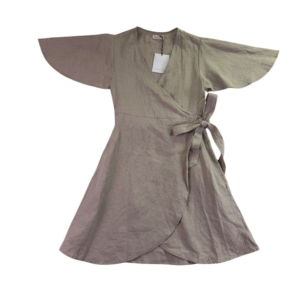 Lu•Ciee Womens Beige Linen Wrap Dress Eco-Friendly Summer Tie Waist Sz S