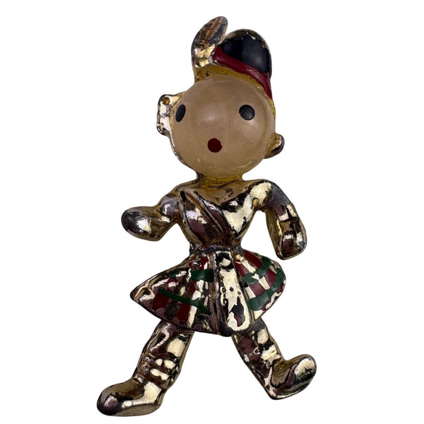 Vintage 1950s Gold Tone Jelly Belly Brooch Womens Multicolor Plaid Scottish Desi