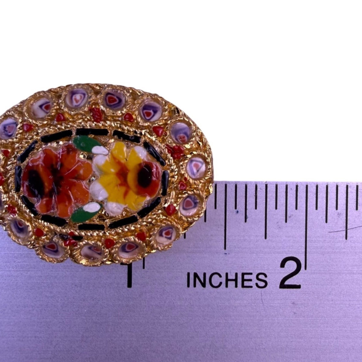Italian Micro Mosaic Gold Tone Brooch Floral Design Oval Shape Various Metal