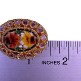 Italian Micro Mosaic Gold Tone Brooch Floral Design Oval Shape Various Metal
