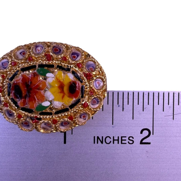 Italian Micro Mosaic Gold Tone Brooch Floral Design Oval Shape Various Metal