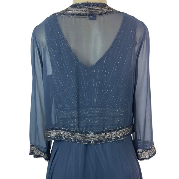 Jkara Women’s Navy Blue Beaded Sleeveless Evening Gown With Sheer Jacket Sz 12