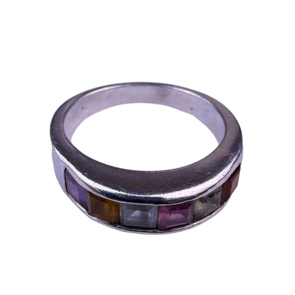 Vintage Womens Silver Tone & Multi-Color Gemstone Channel Set Ring Size 8