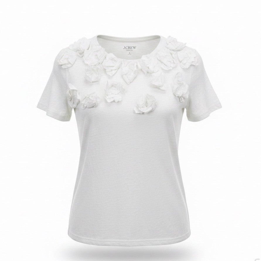 J.Crew Womens White Linen Tee Floral Appliqué Short Sleeve Casual Top Size S