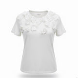 J.Crew Womens White Linen Tee Floral Appliqué Short Sleeve Casual Top Size S