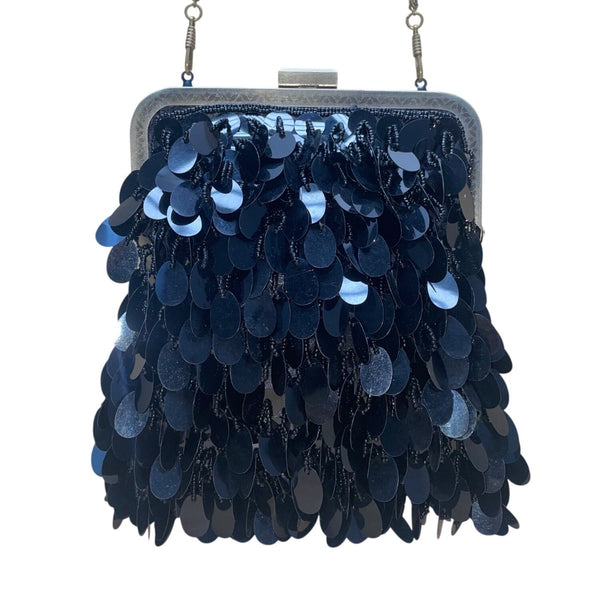 J&X NY Women’s Black Sequined With Chain Strap Elegant Clasp Frame Evening Bag