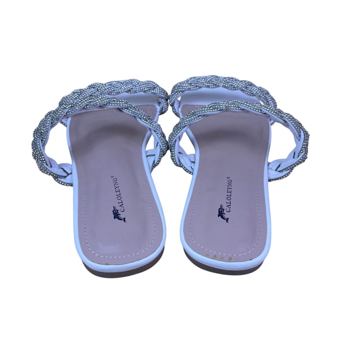 CaloLeyng Women’s White Rhinestone Braided Strap Slide Sandals Size US 11