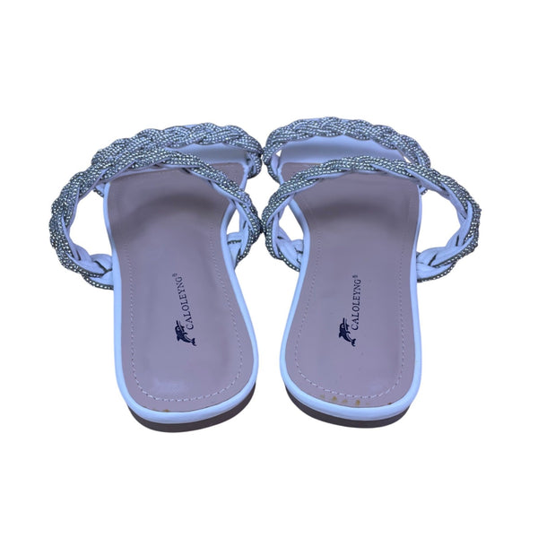 CaloLeyng Women’s White Rhinestone Braided Strap Slide Sandals Size US 11