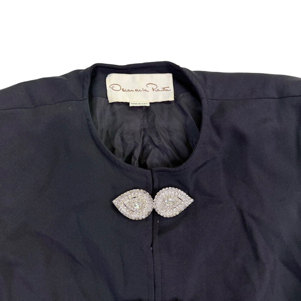 Oscar De La Renta Womens Black Silk Jacket With Beaded Button Accents Size 6