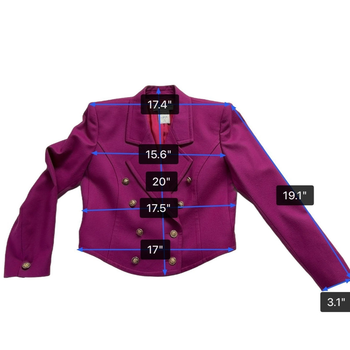 Vintage Guy Laroche Womens Magenta Wool Cropped Double-Breasted Blazer Size 40