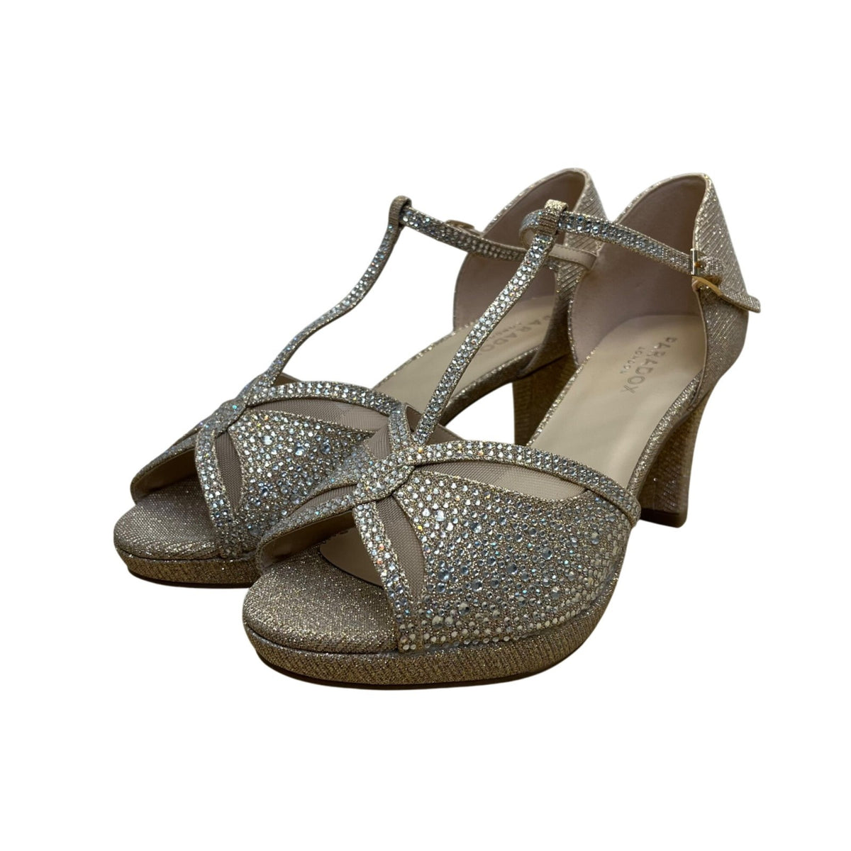 Paradox London Women’s Champagne Glitter T-Bar Nora Open Toe Heels Size 7M