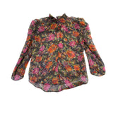 Sandro Womens Black Floral Print Sheer Blouse With Ruffled Details Size 1