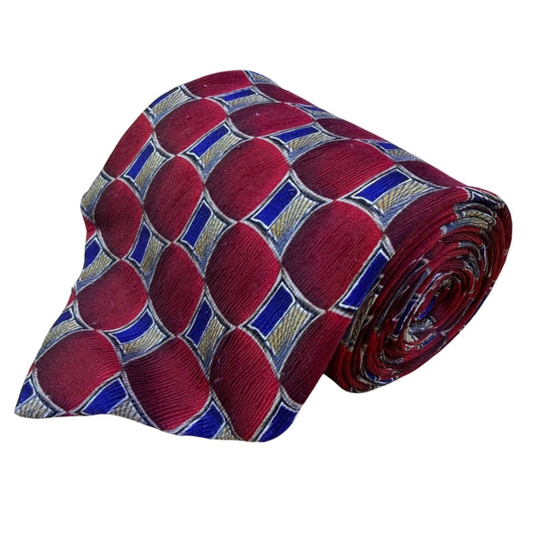Nordstrom Mens Red & Blue Silk Geometric Patterned Neck Tie Handmade In USA