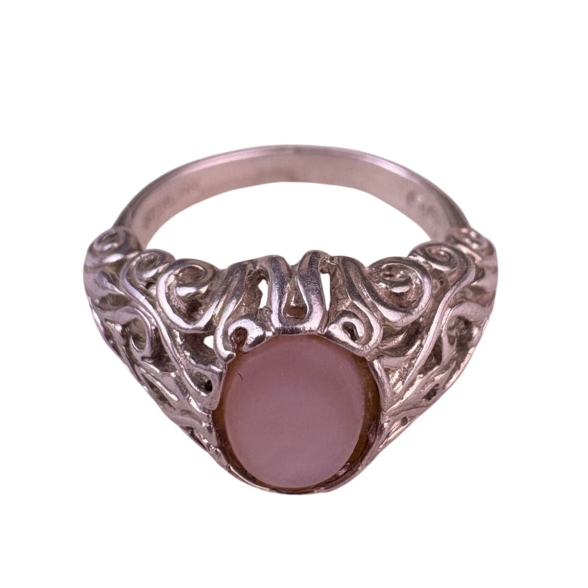 Sterling Womens Silver Tone Pink Opal Gemstone Filigree Ring Size 5 Intricate De