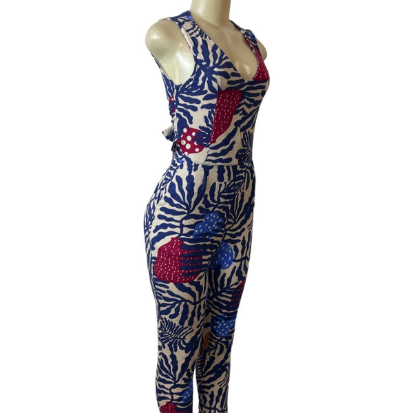 Can Tao Multicolor Sleeveless Sz XS/S Button-Up on Back Waist Tie Women Jumpsuit
