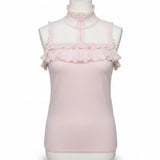 White House Black Market Womens Pink Lace Ruffled High Neck Sleeveless Top Sz XS