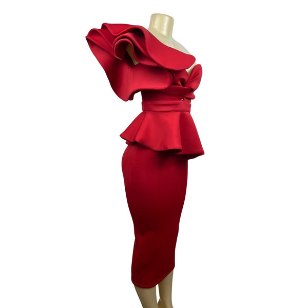 Shein Women’s Red Skirt and One Shoulder Ruffle Blouse Sz XS