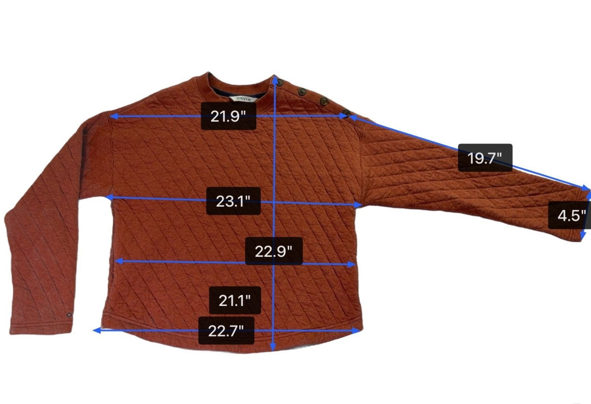 Orvis Womens Rust Quilted Crew Neck Pullover Sweatshirt W/ Button Detail Sz S