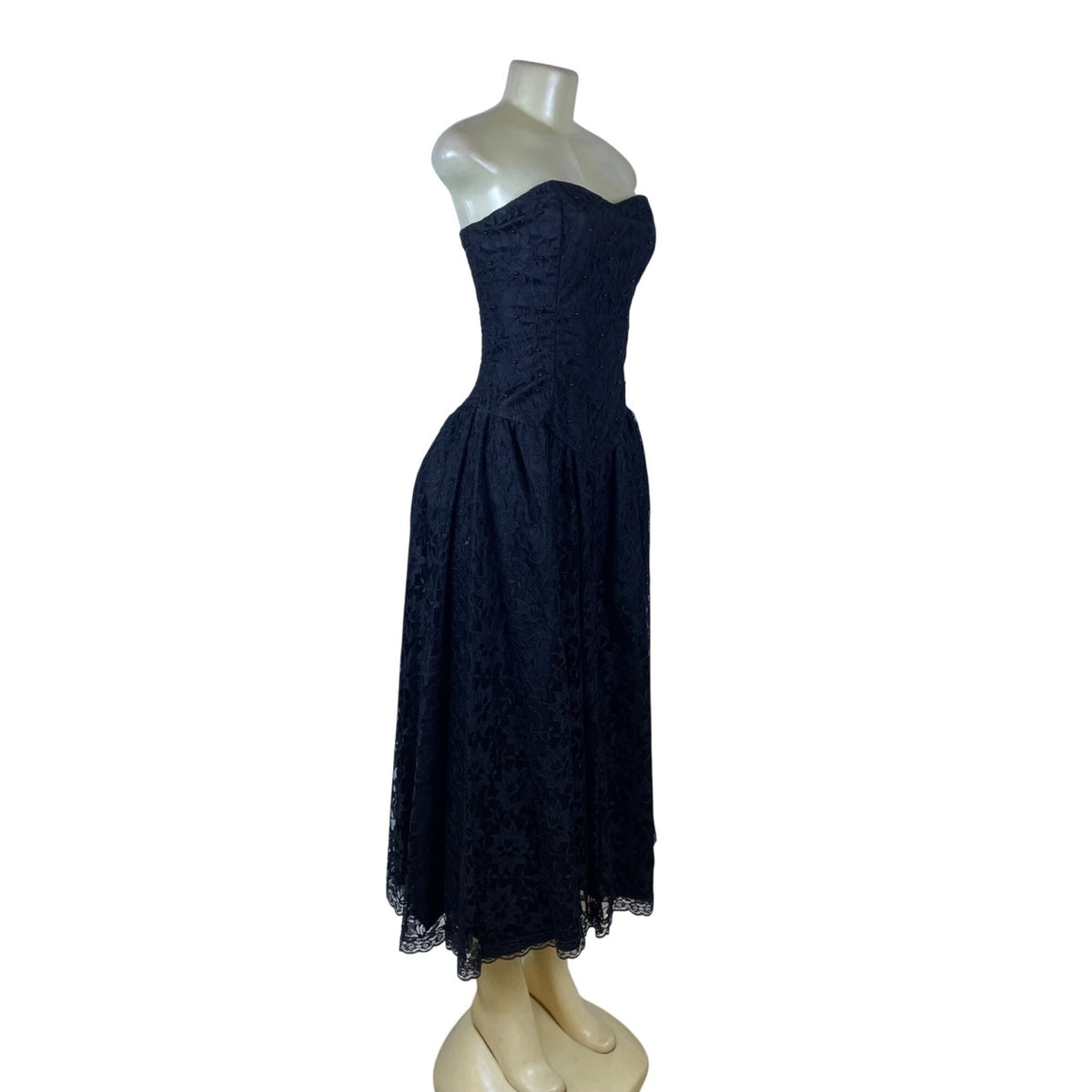 Vintage Strapless Black Lace Womens Midi Dress Elegant Evening Formal Wear
