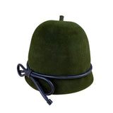 Womens Green Wool Cloche Hat With Black Leather Bow Accent