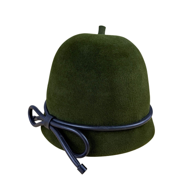 Womens Green Wool Cloche Hat With Black Leather Bow Accent